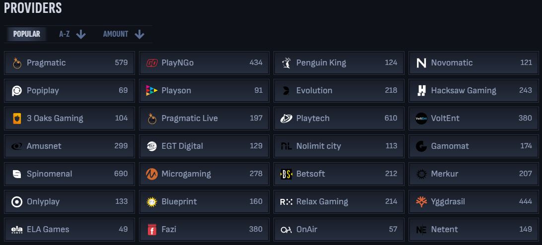 Browse all available game providers at casino